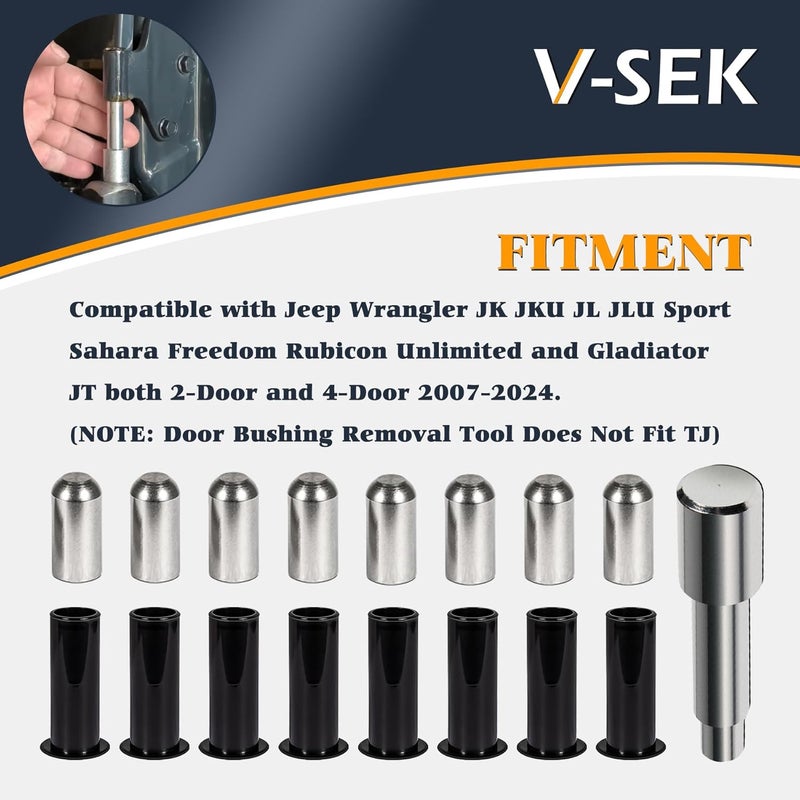 V-SEK Door Pin Guides + Door Hinge Liners + Door Bushing Removal Tool Compatible with Jeep Wrangler JK JKU JL JLU Sports Sahara Freedom Unlimited Gladiator 2/4-Door 2007-2024 Stainless Steel (17 PCS) - Image 2
